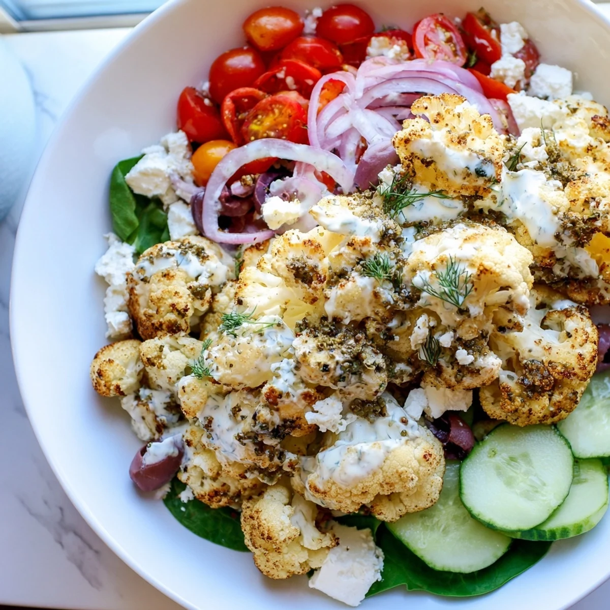 Crispy herb-spiced Greek Cauliflower Bowl served with tomatoes olives and lemon wedges