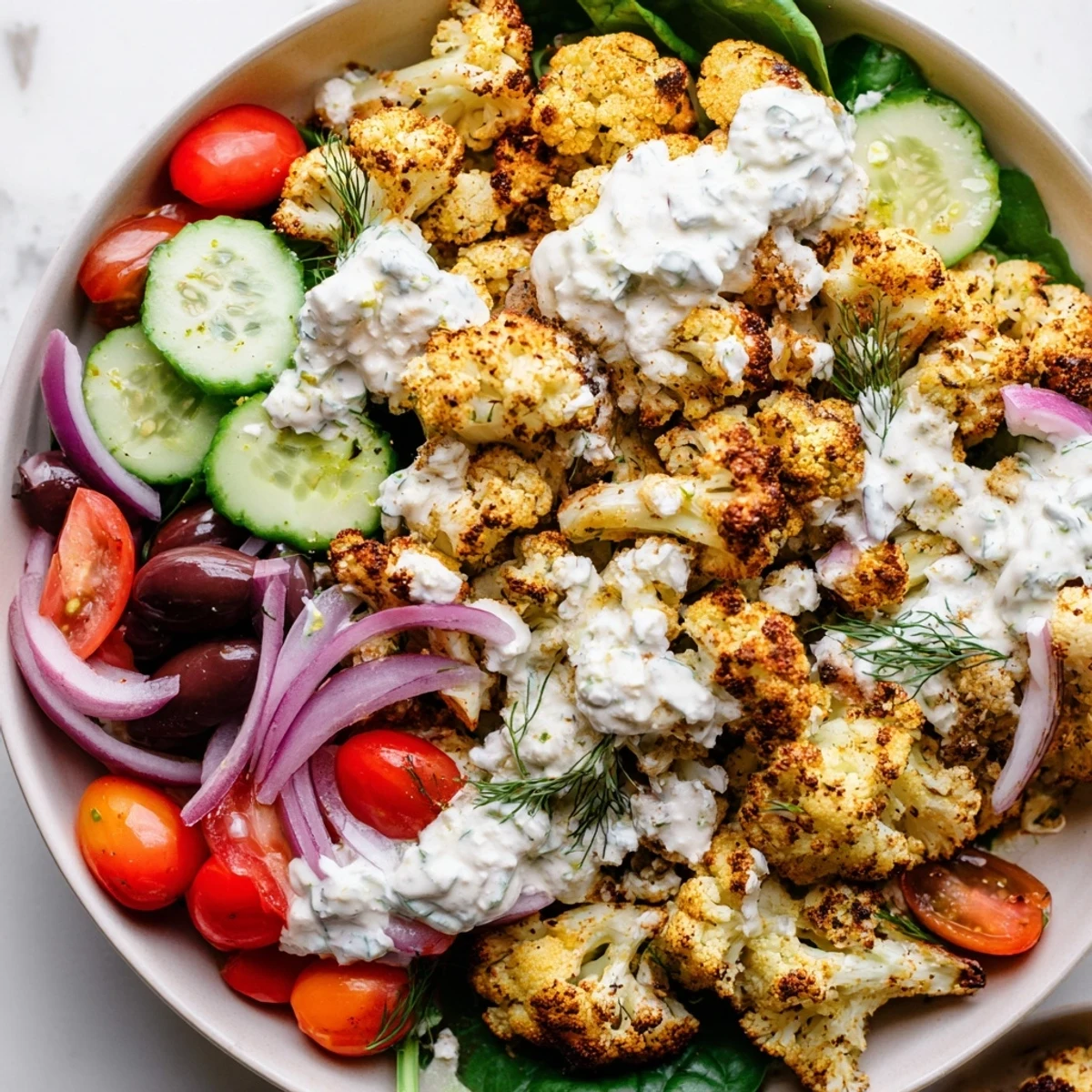 Warm Greek Cauliflower Bowl drizzled with creamy tzatziki over a bed of spinach