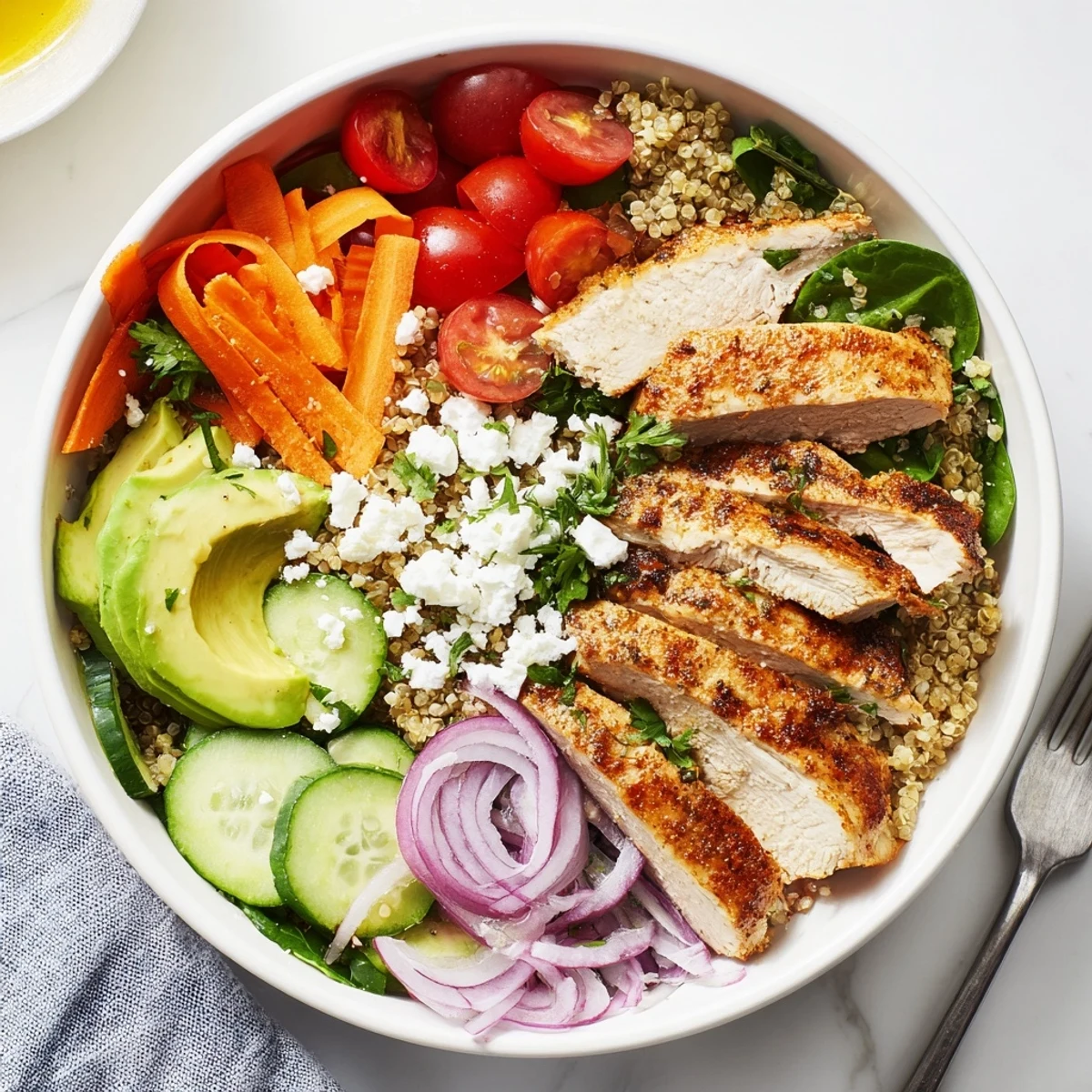 Juicy grilled chicken grain bowl topped with colorful vegetables and creamy avocado slices