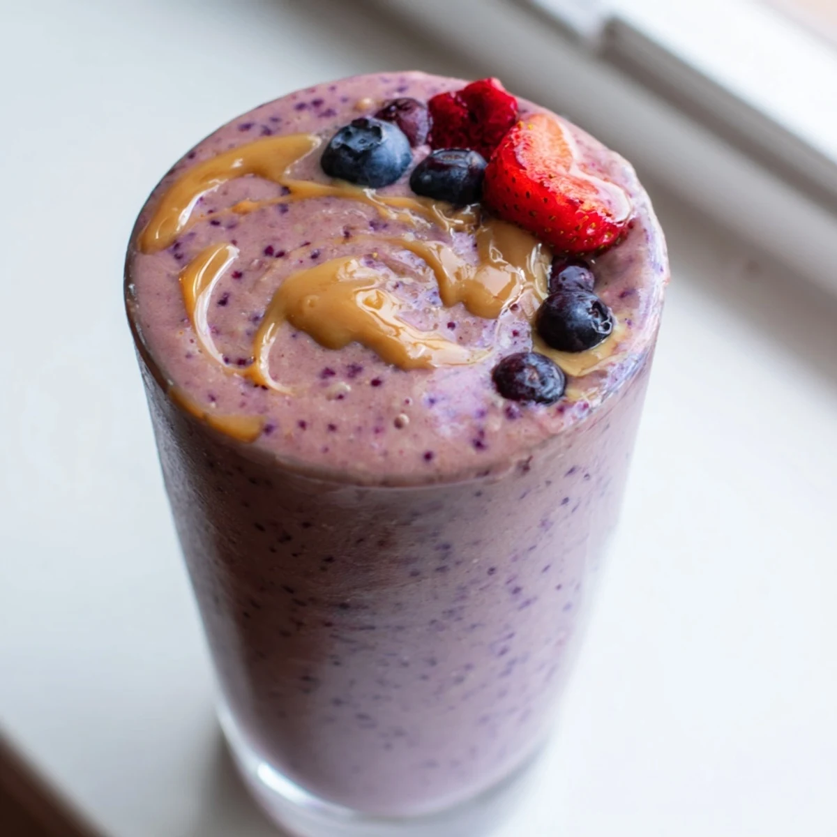 Thick purple peanut butter berry smoothie topped with fresh strawberries in a glass