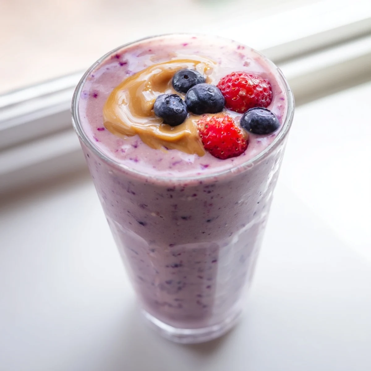 Creamy peanut butter berry smoothie swirling with vibrant berries inside a mason jar