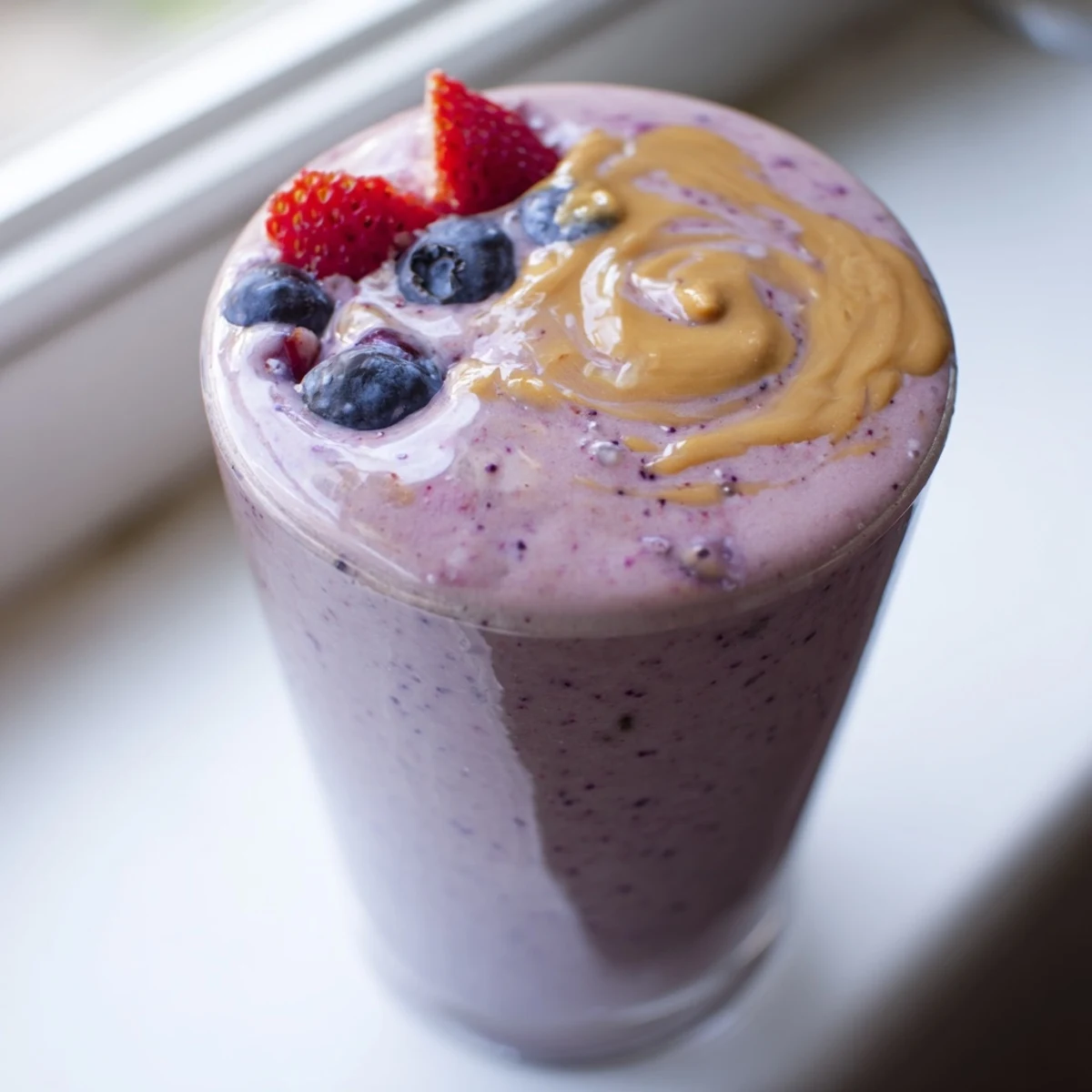 Purple peanut butter berry smoothie poured into two glasses beside scattered fresh blueberries