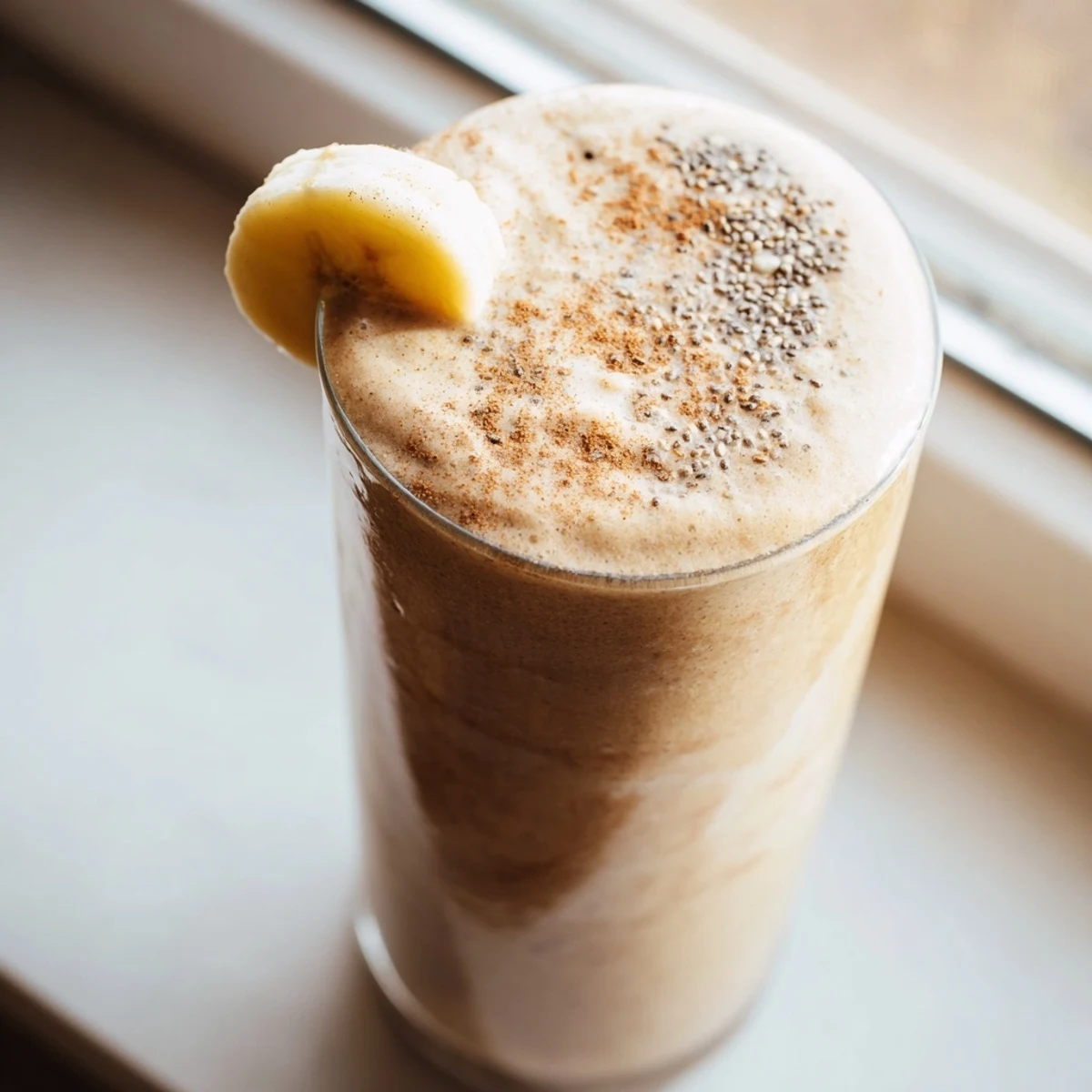 Creamy banana protein coffee smoothie poured into a tall glass with frothy top and cinnamon sprinkle