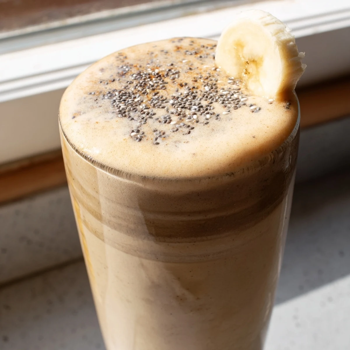 Rich banana protein coffee smoothie topped with chia seeds beside a spoon on napkin