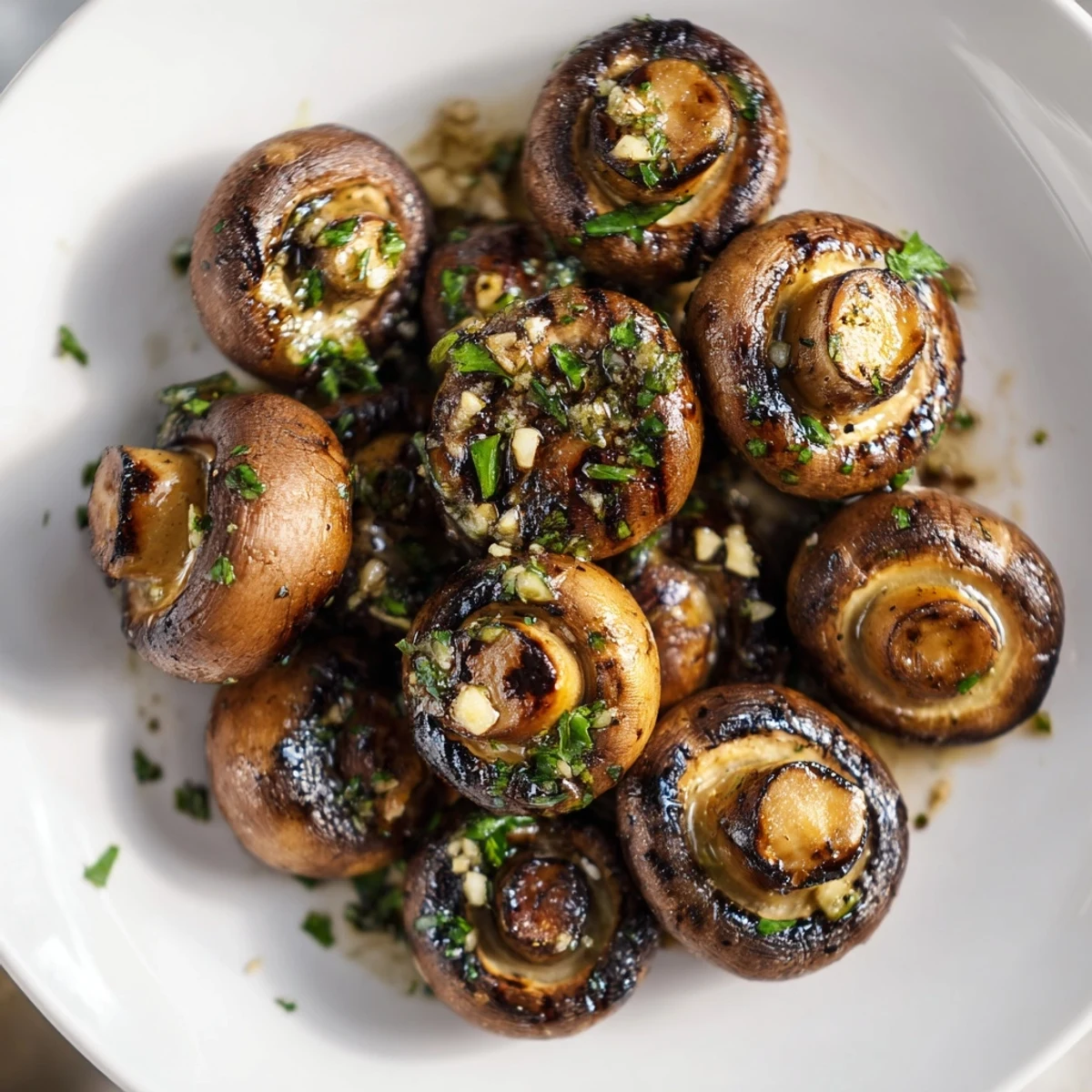 Smoky grilled garlic mushrooms sizzling in a skillet with fragrant herbs
