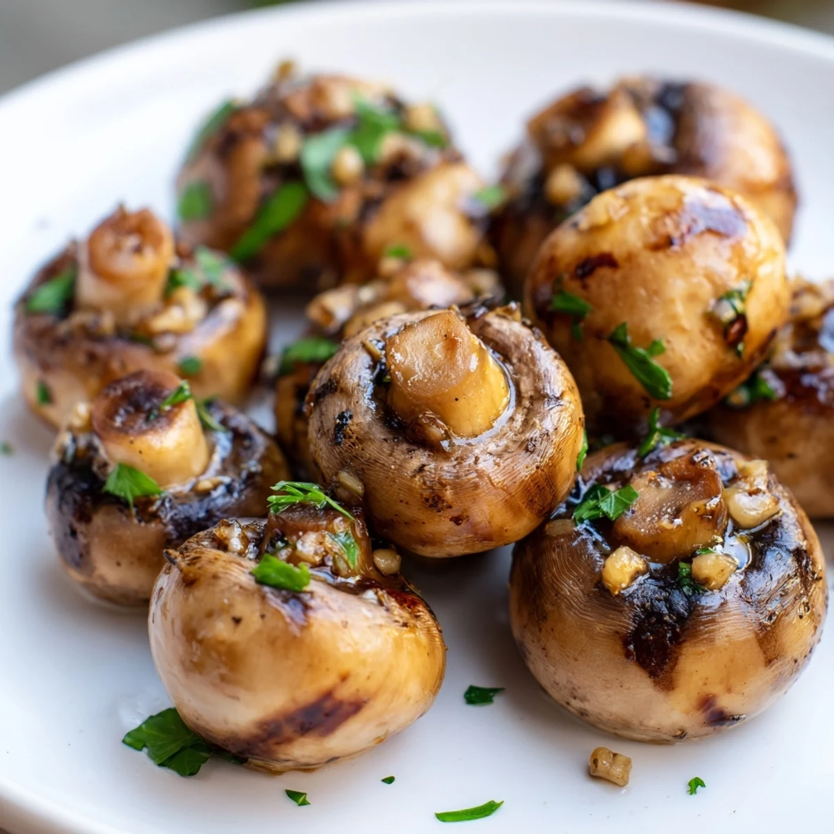 Golden sautéed grilled garlic mushrooms glistening with butter and fresh parsley