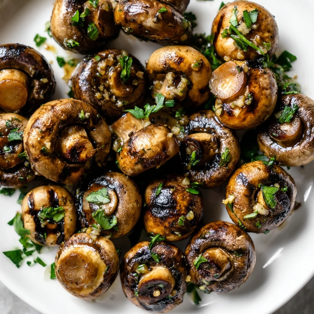 Tender garlic mushrooms with charred grill marks resting in a buttery herb sauce