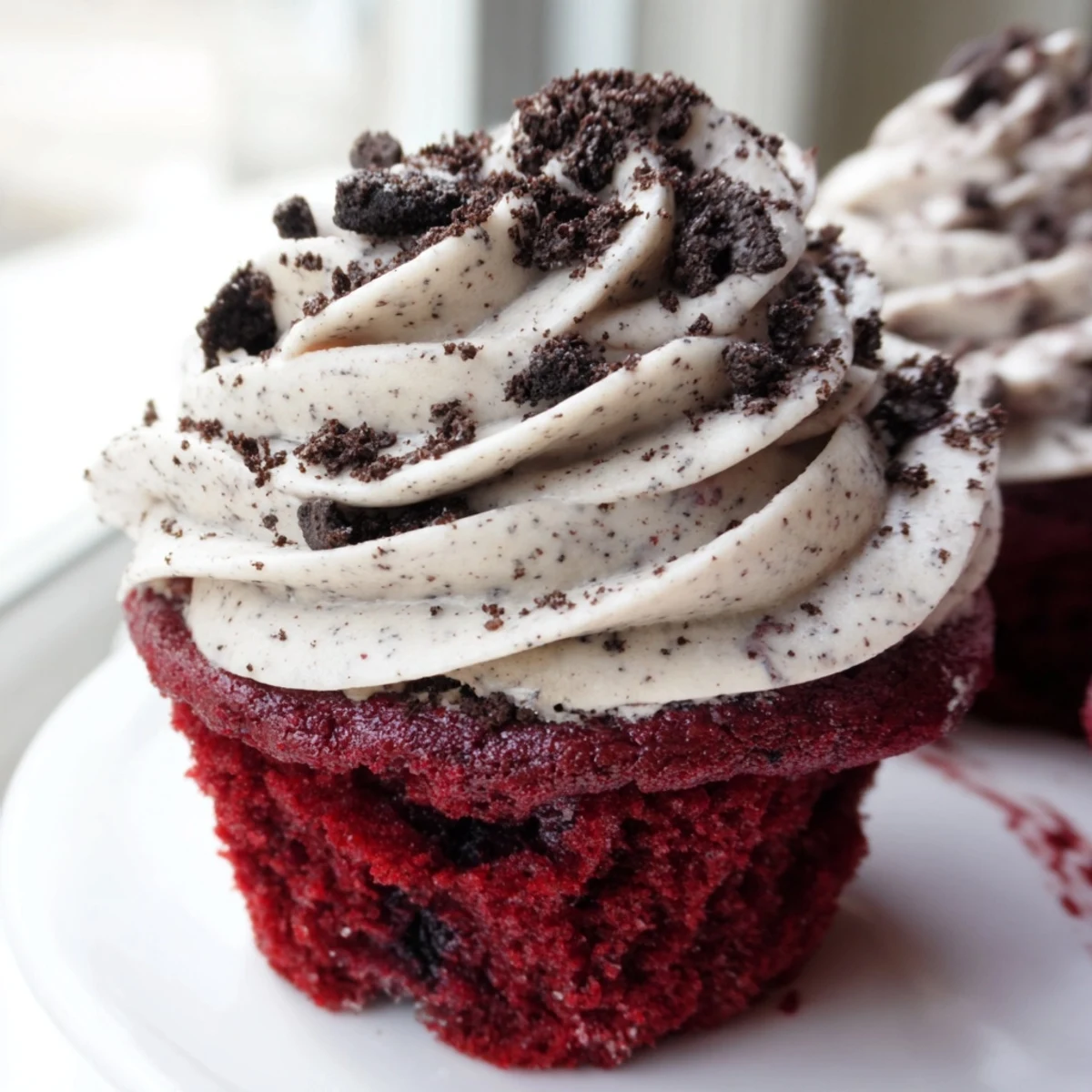 Soft red velvet Oreo cupcakes with swirls of tangy cream cheese frosting and cookie crumbs