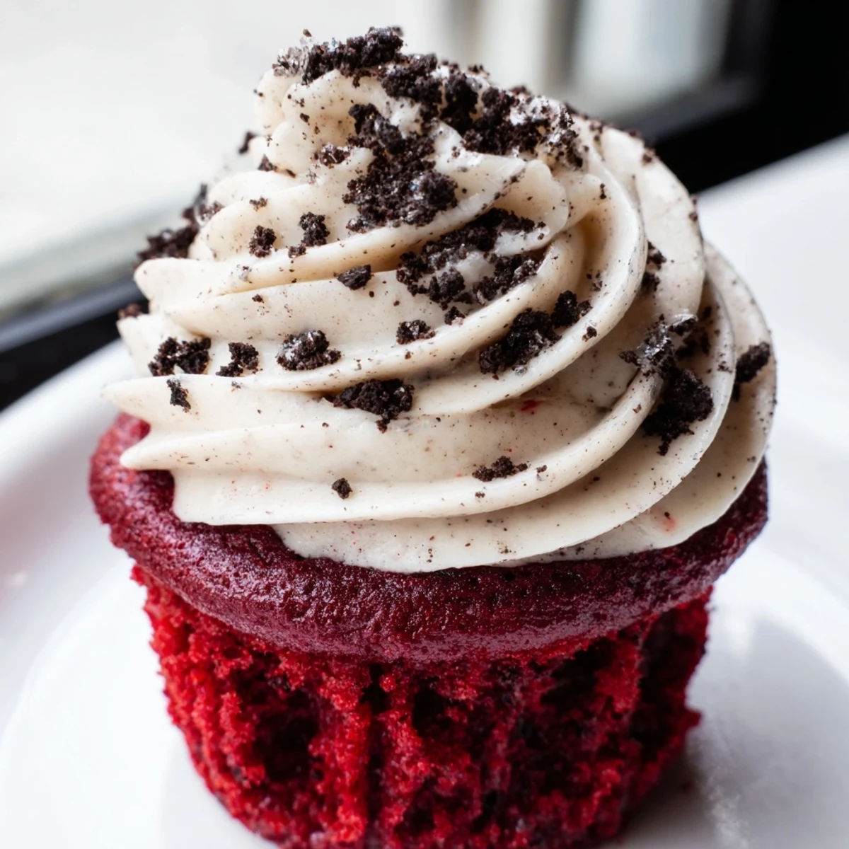 Moist red velvet Oreo cupcakes piled high with speckled frosting ready for a celebration