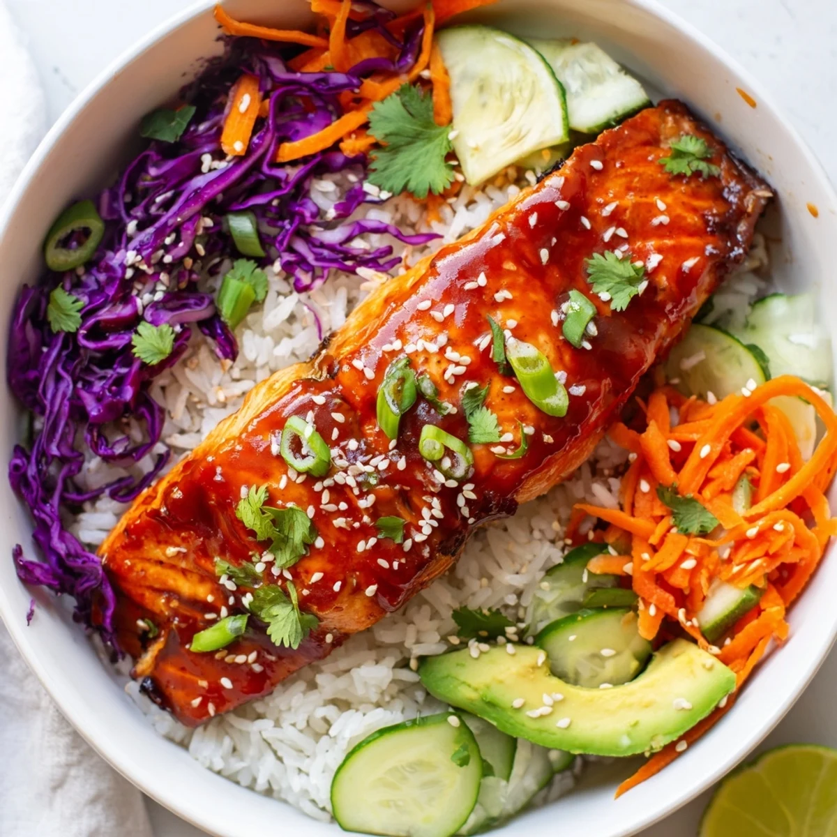 Sriracha honey glazed salmon bowls topped with vibrant vegetables and sesame seeds