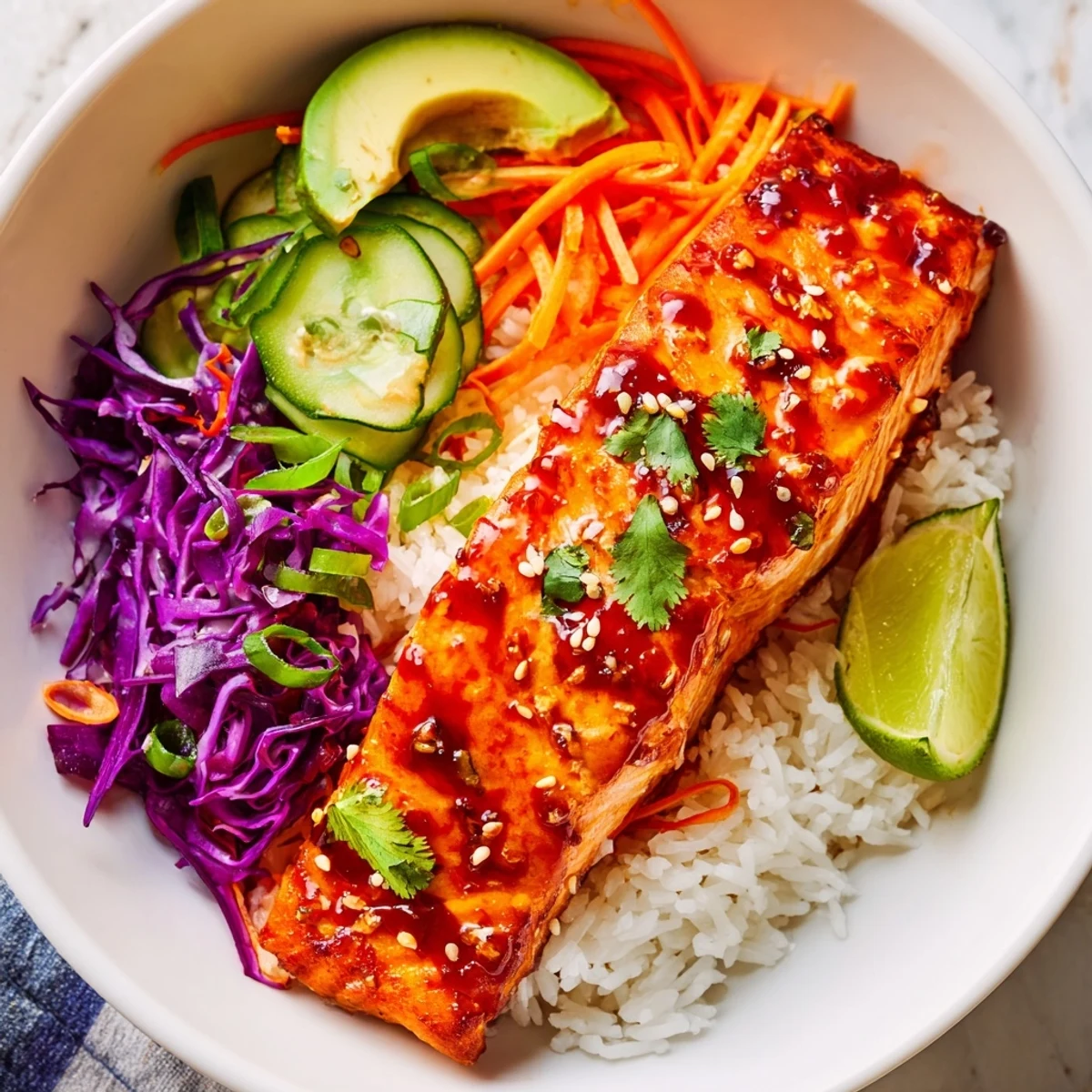 Caramelized sriracha honey glazed salmon bowls drizzled with sauce and fresh cilantro
