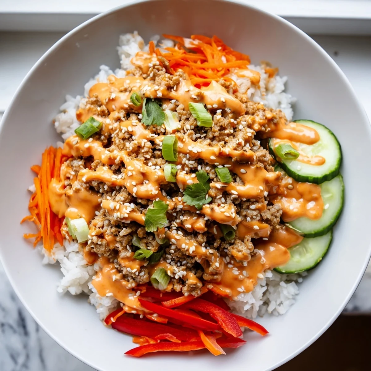 Ground Turkey Rice Bowls With Bang Bang Sauce drizzled over crisp veggies and fluffy white rice