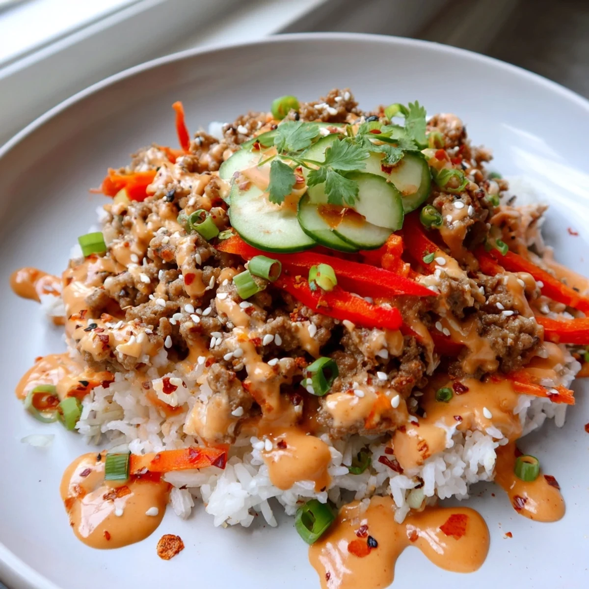 Spicy creamy Bang Bang sauce cascading over seasoned Ground Turkey Rice Bowls With vibrant vegetables