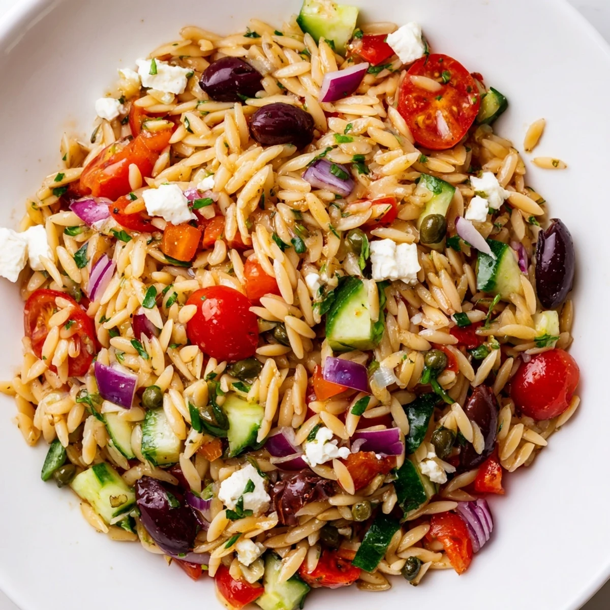 Colorful Mediterranean Orzo Pasta Salad with bright cherry tomatoes and crumbled feta in a rustic bowl