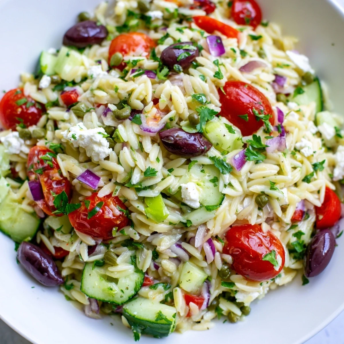 Glistening Mediterranean Orzo Pasta Salad drizzled with herb dressing, served chilled on a sunny patio