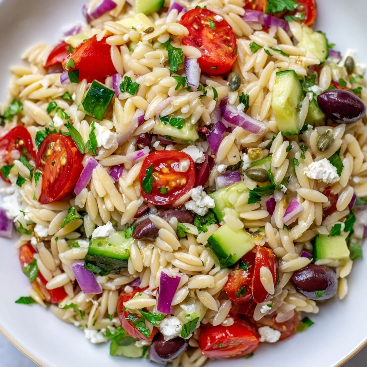 Mediterranean Orzo Pasta Salad tossed with Kalamata olives, crisp cucumbers, and creamy feta cheese