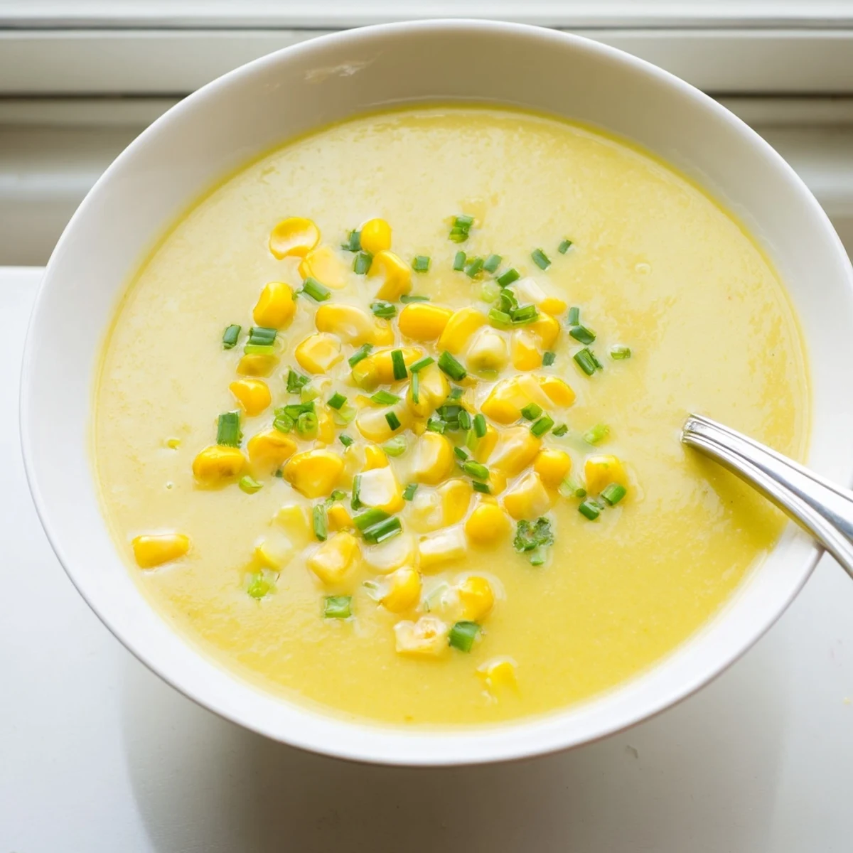 A golden bowl of Summer Sweet Corn Gazpacho topped with fresh basil and corn kernels