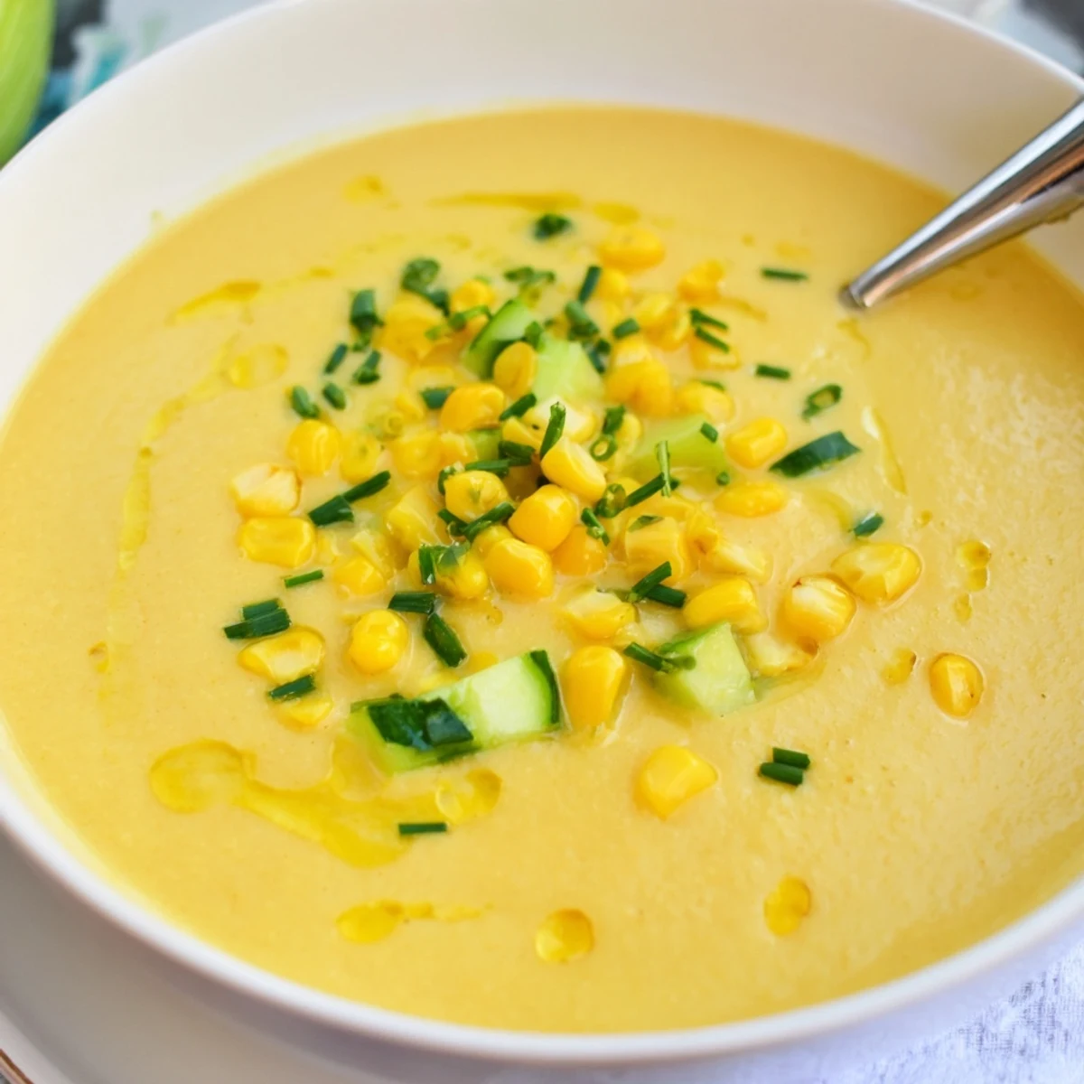 Chilled Summer Sweet Corn Gazpacho poured into a white bowl with olive oil drizzle