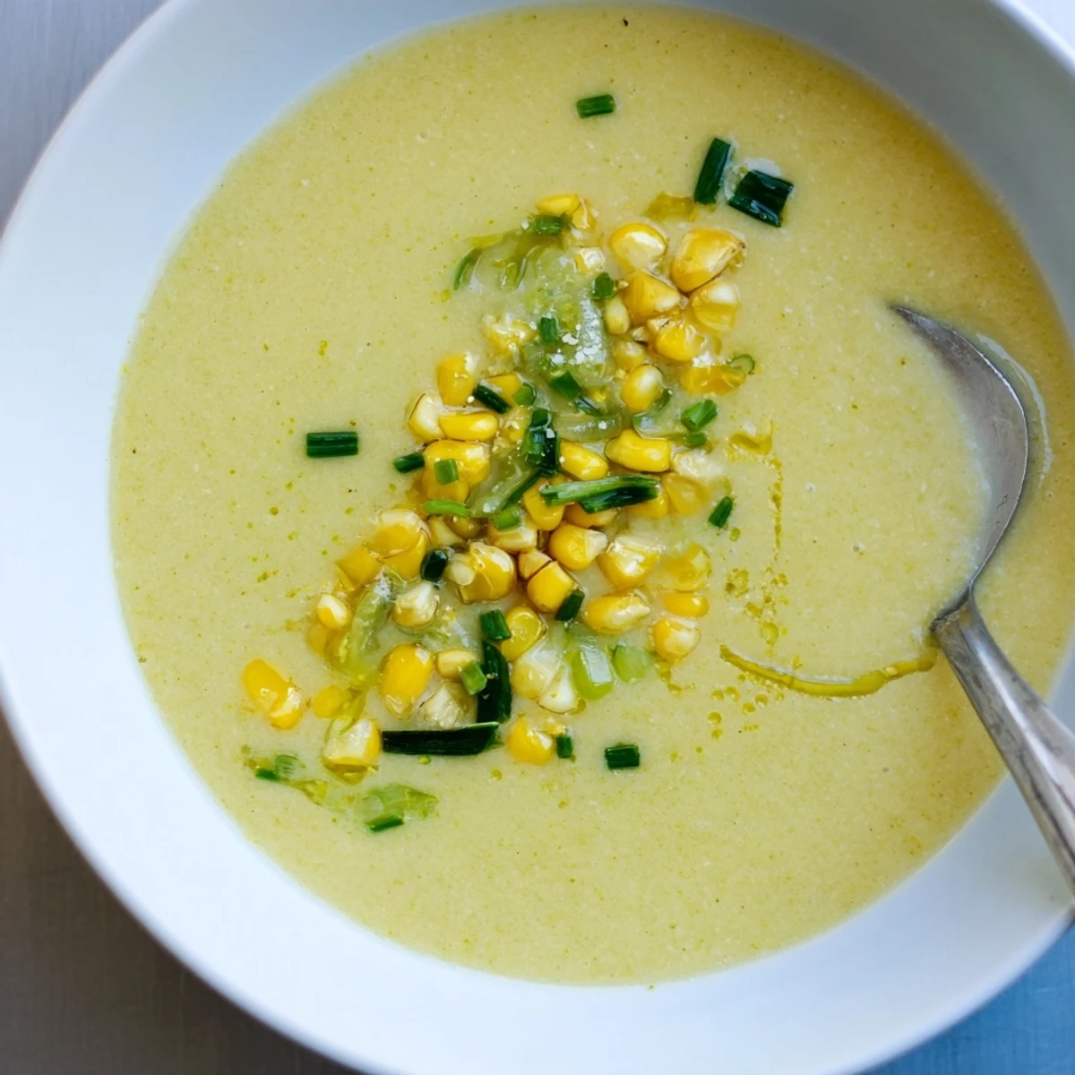 Creamy yellow Summer Sweet Corn Gazpacho garnished with chives and sweet corn kernels