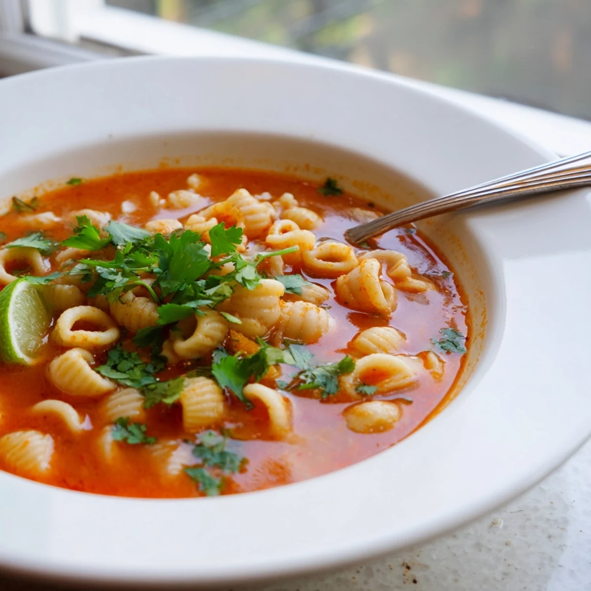 Steaming bowl of Sopa de Conchas with golden shells in rich tomato broth