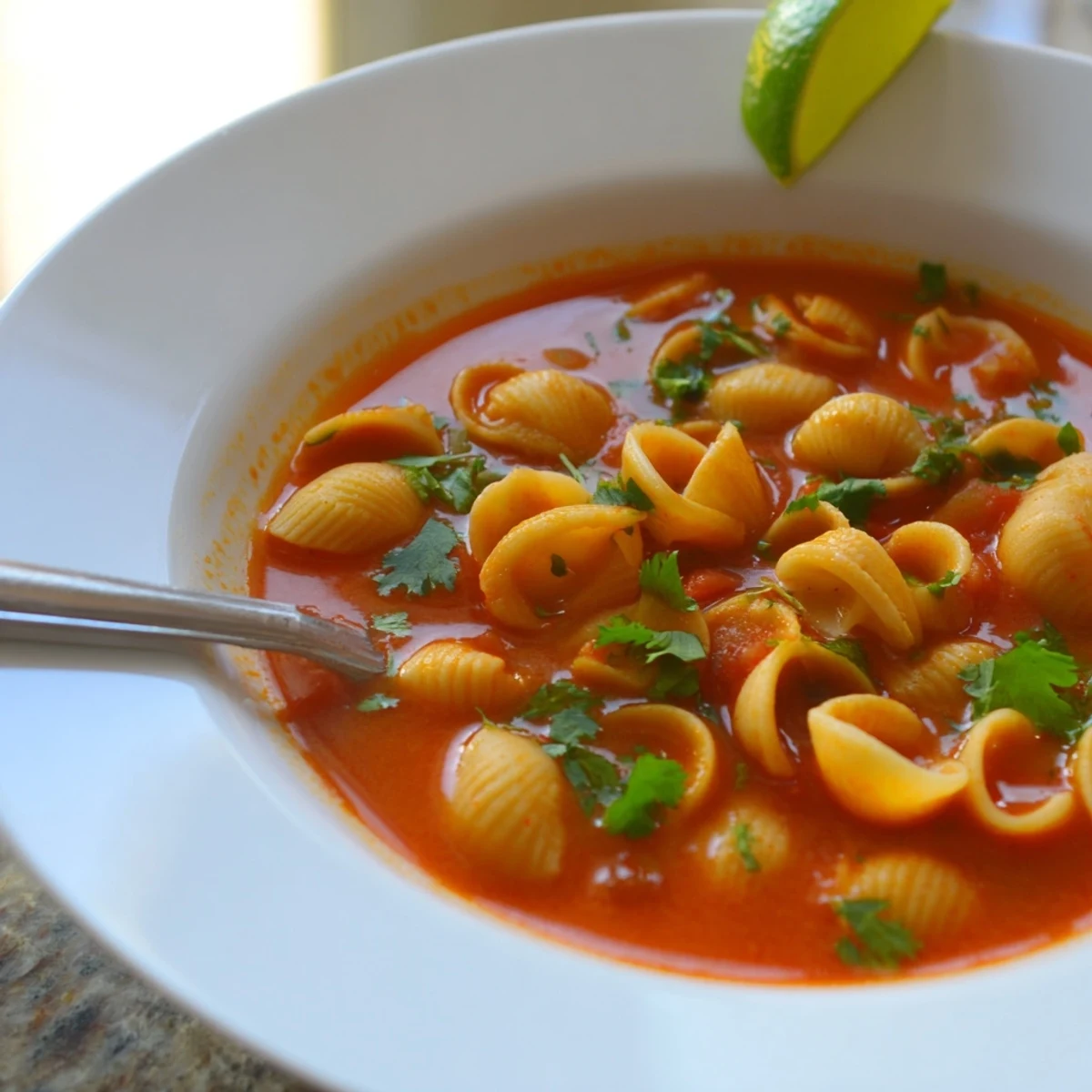 Sopa de Conchas topped with fresh cilantro and a lime wedge