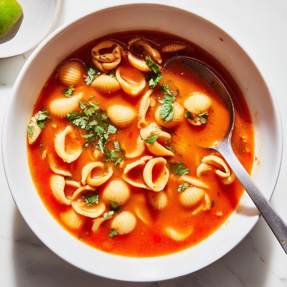 Toasted shell pasta swimming in a vibrant red tomato Sopa de Conchas