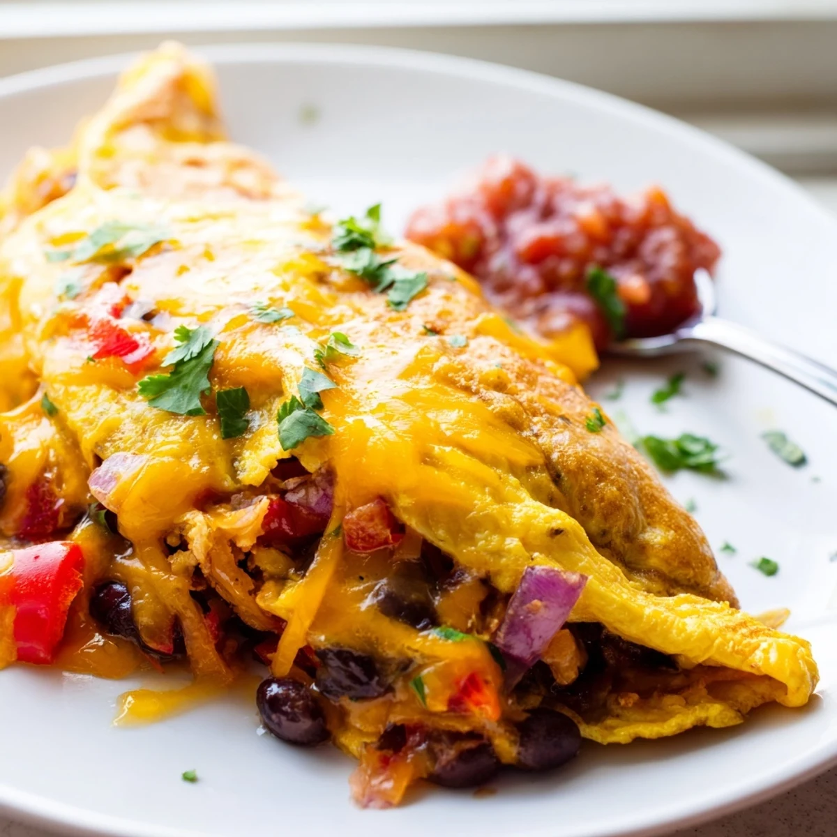 Golden Mexican omelette folded with melted cheese, black beans, and fresh cilantro