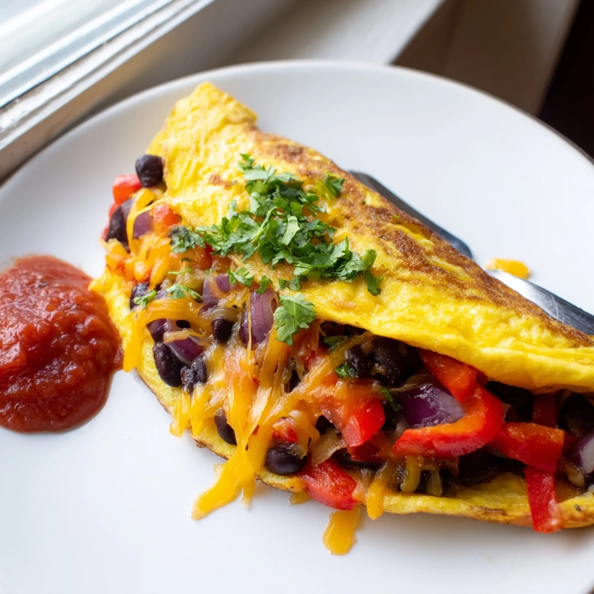 Spicy Mexican omelette topped with avocado slices, salsa, and a lime wedge