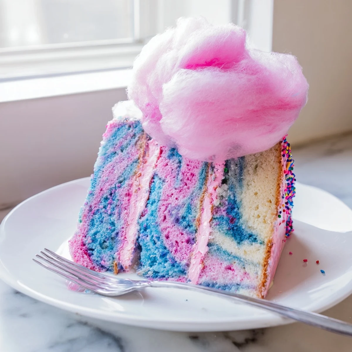 A slice of cotton candy cake with pastel pink and blue swirled buttercream on a festive dessert plate