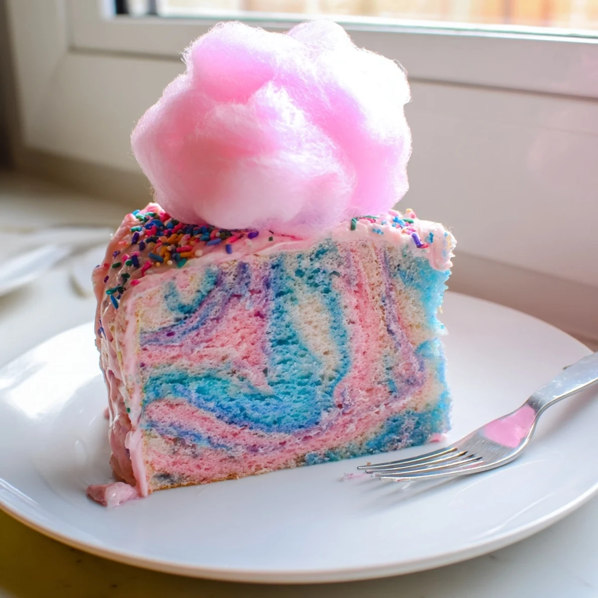 Fluffy cotton candy cake layered with marbled vanilla sponge and topped with wispy spun sugar garnish