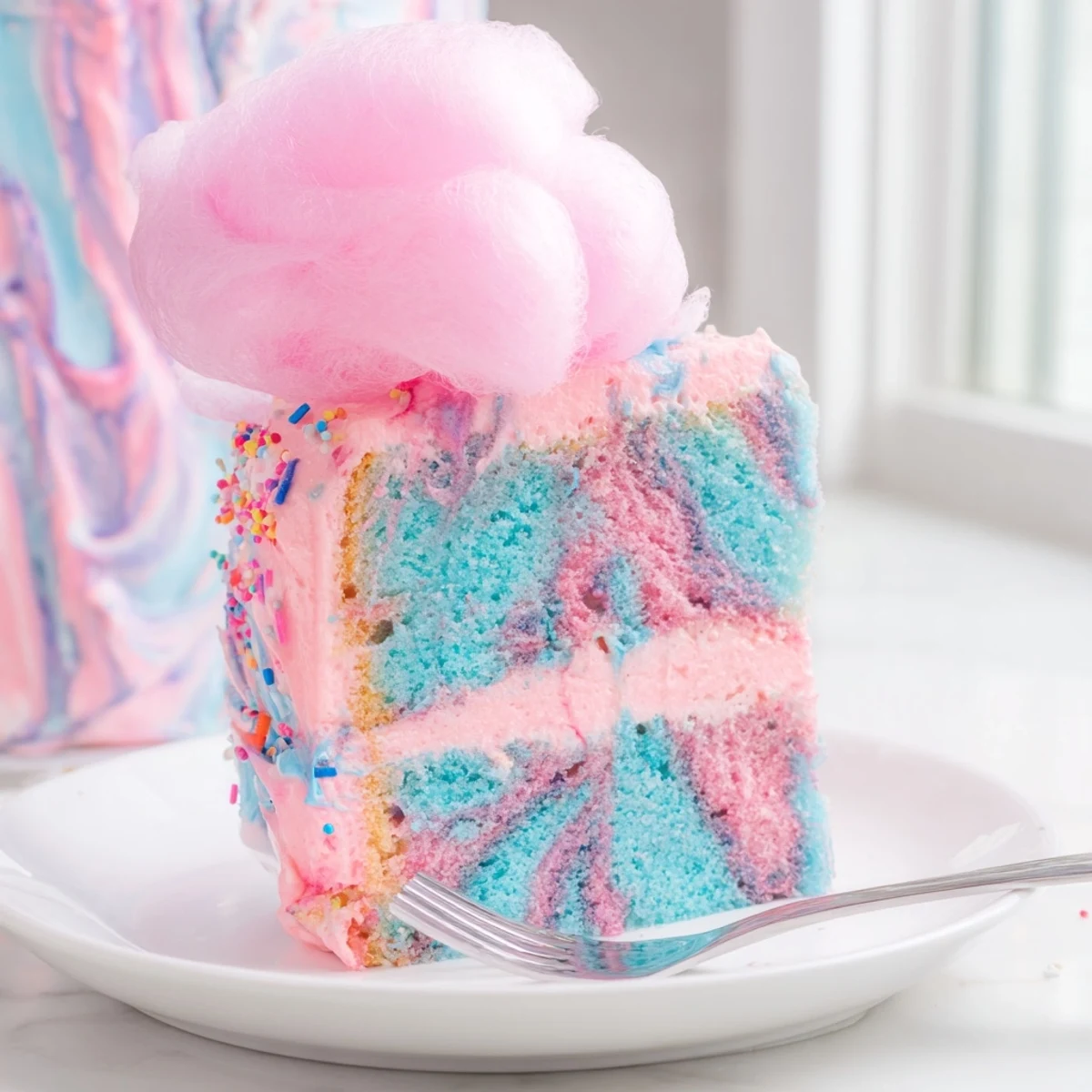 Tall cotton candy cake showcasing marbled pink and blue layers frosted with sweet cotton candy buttercream