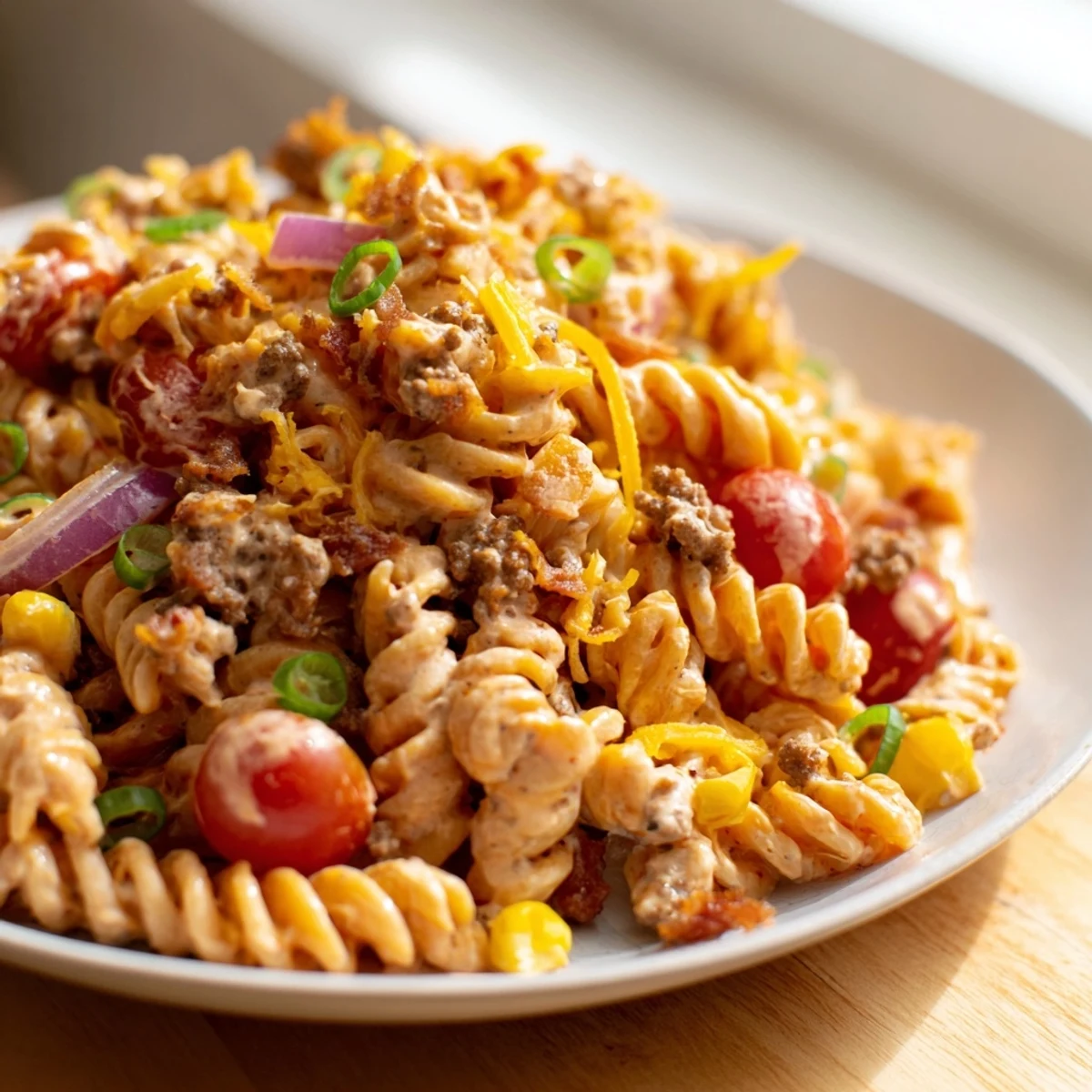 Cowboy Pasta Salad loaded with beef, bacon, and corn in BBQ ranch dressing