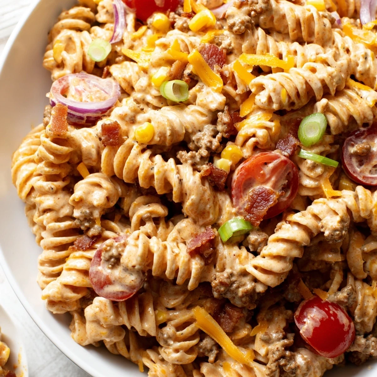 A vibrant bowl of Cowboy Pasta Salad tossed with cheddar and cherry tomatoes