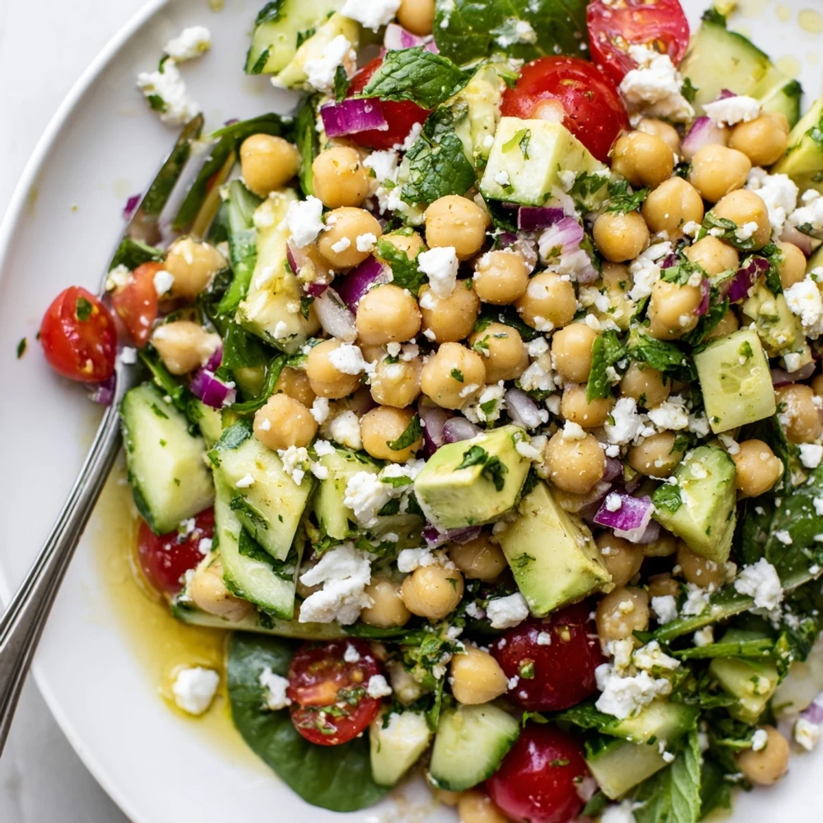 Colorful chickpea feta avocado salad tossed with cherry tomatoes and fresh herbs