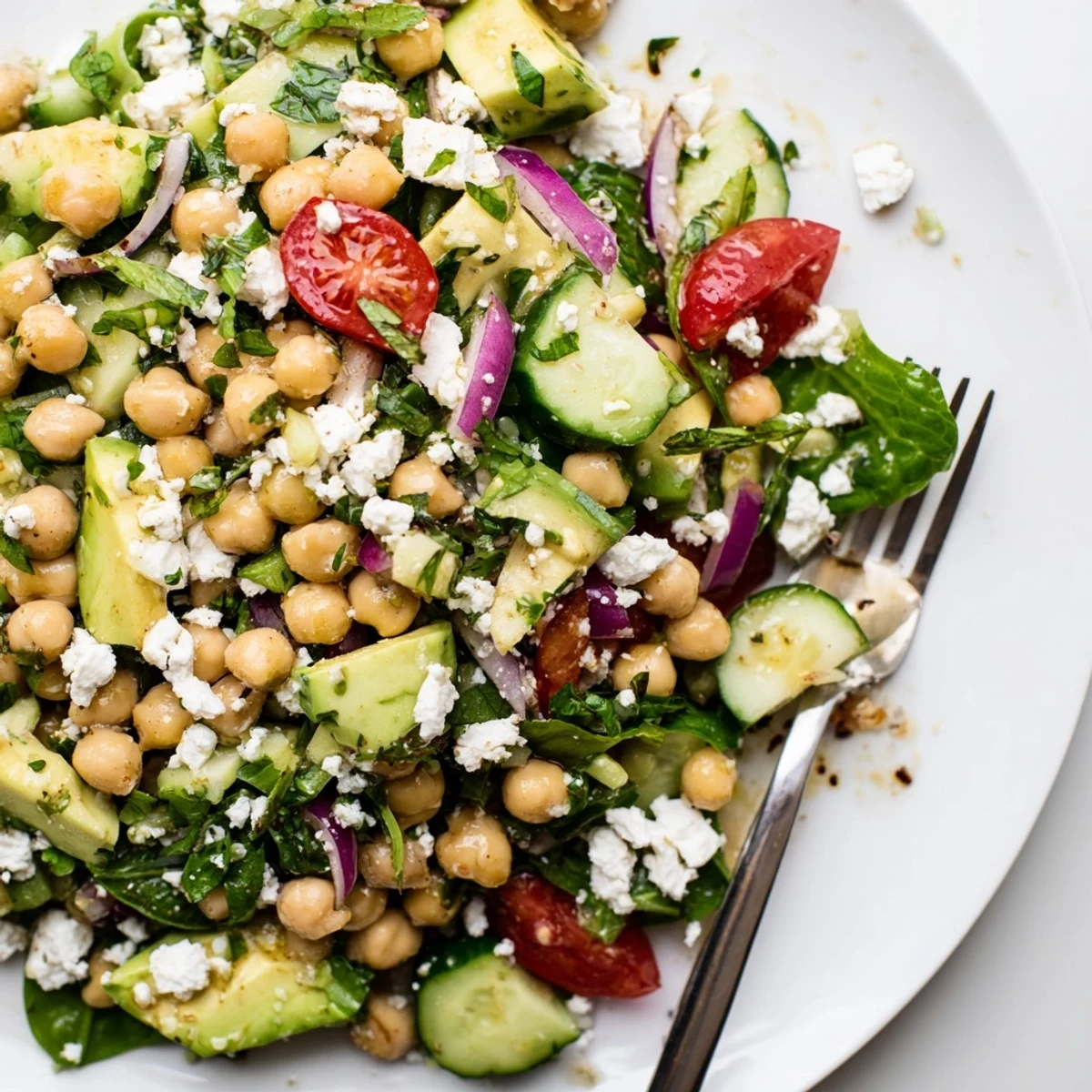 Creamy chickpea feta avocado salad in a rustic bowl with lemon dressing