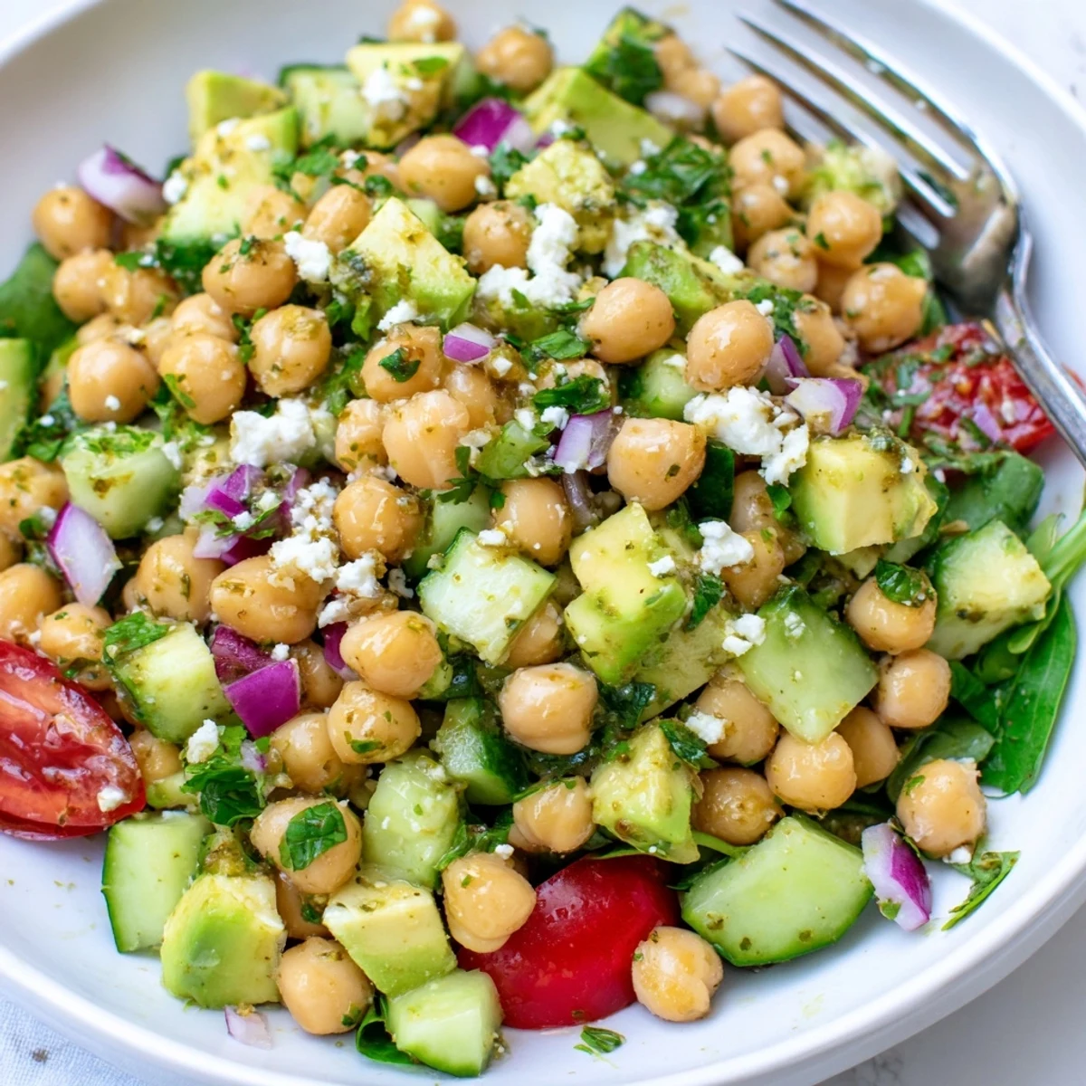 Crisp chickpea feta avocado salad served on a plate with zesty vinaigrette
