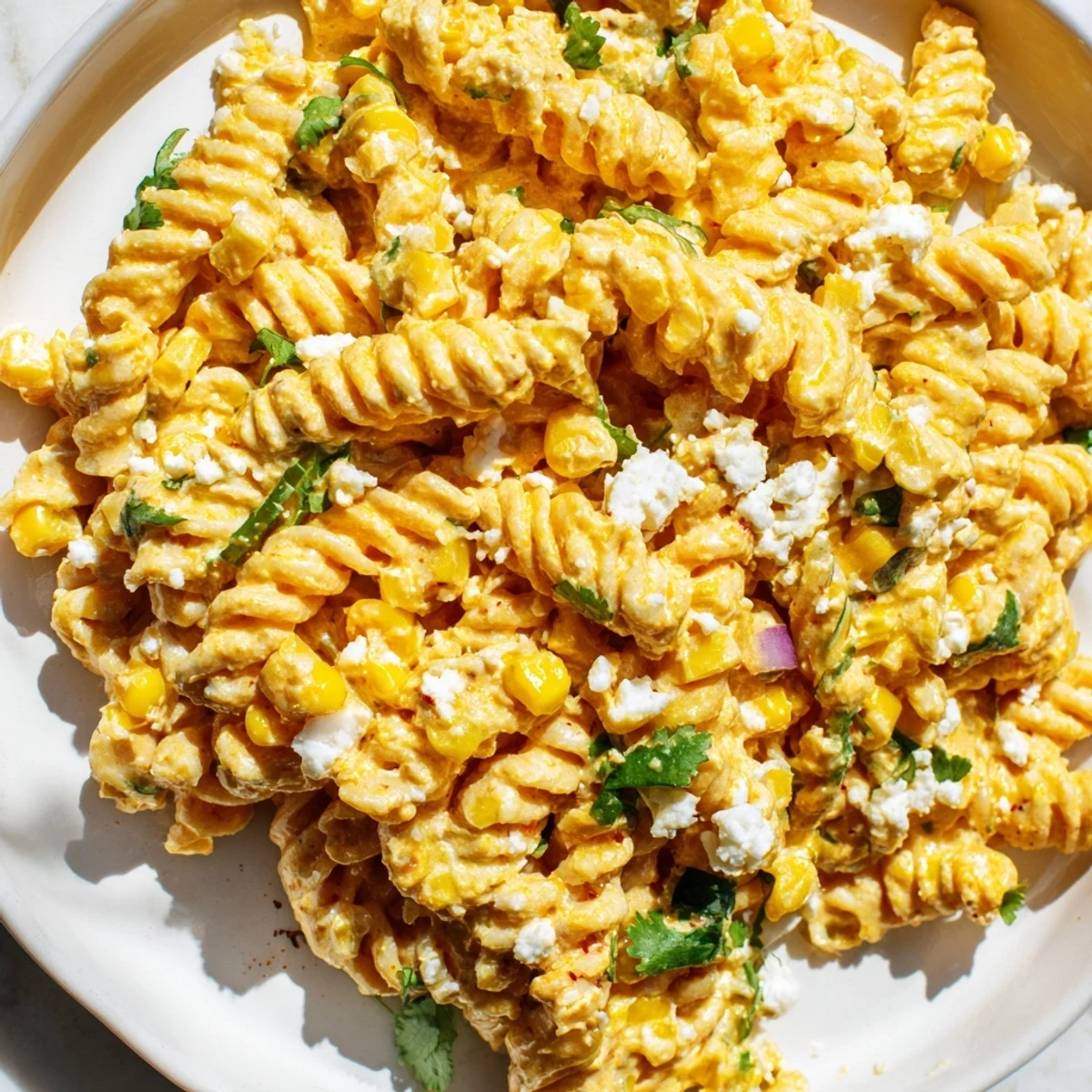 Creamy elote pasta salad topped with crumbled cotija cheese and fresh cilantro sprigs