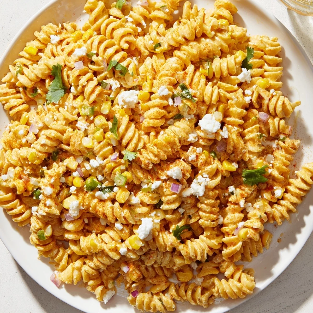Colorful elote pasta salad in a bowl with charred corn and lime wedges