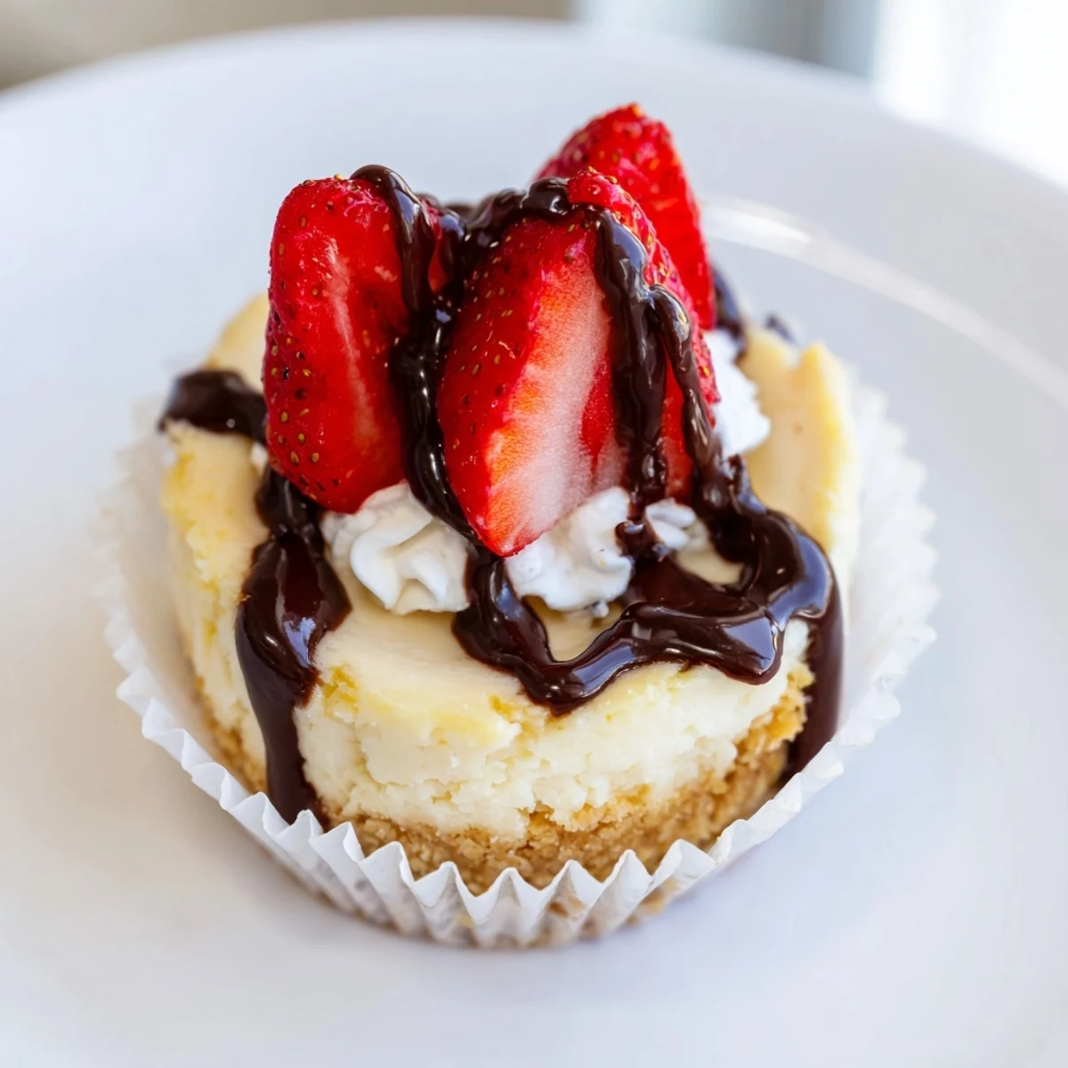 Creamy mini cheesecakes in graham cracker crusts drizzled with caramel and chocolate ganache