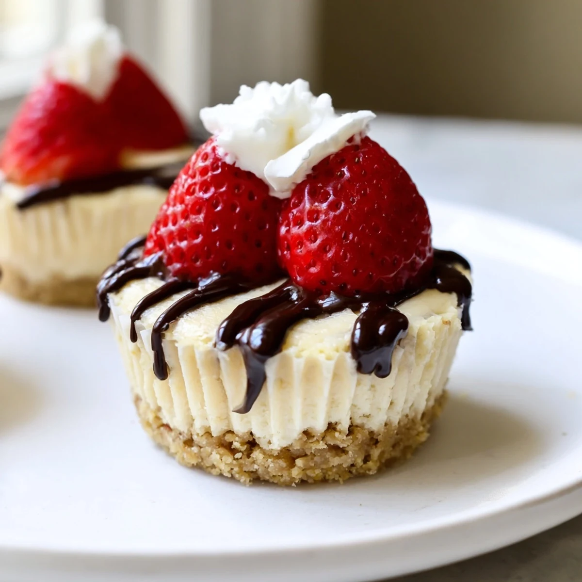 A tray of mini cheesecakes topped with fresh berries and whipped cream on a rustic table