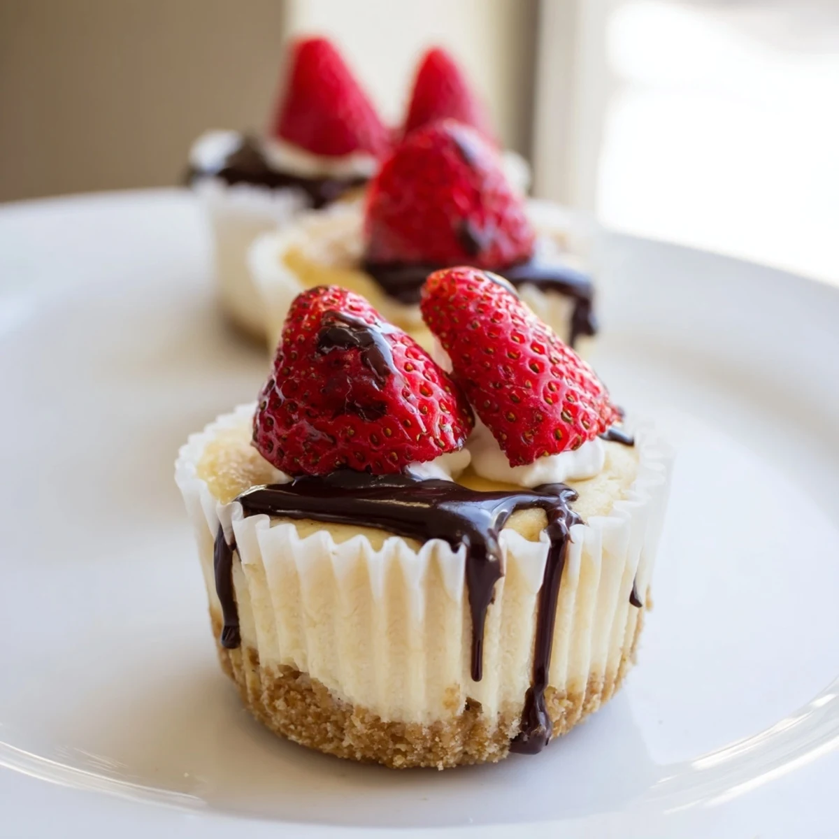 Individual mini cheesecakes garnished with strawberries served on a white platter at a party