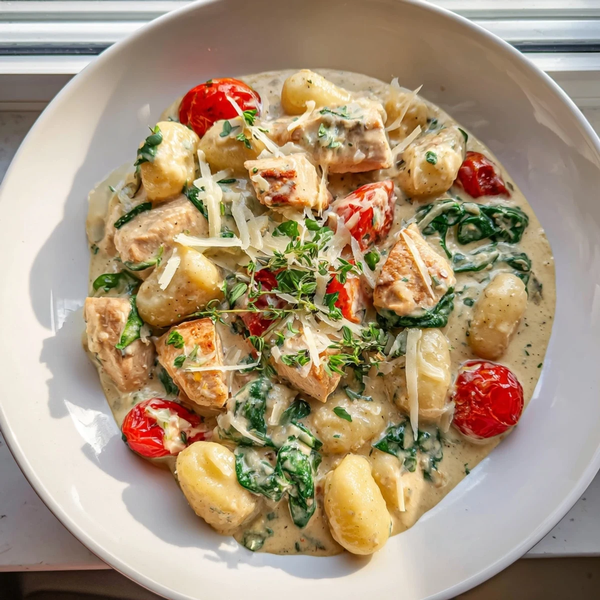 Creamy herb chicken gnocchi skillet bubbling with golden chicken and fresh spinach in a cast iron pan