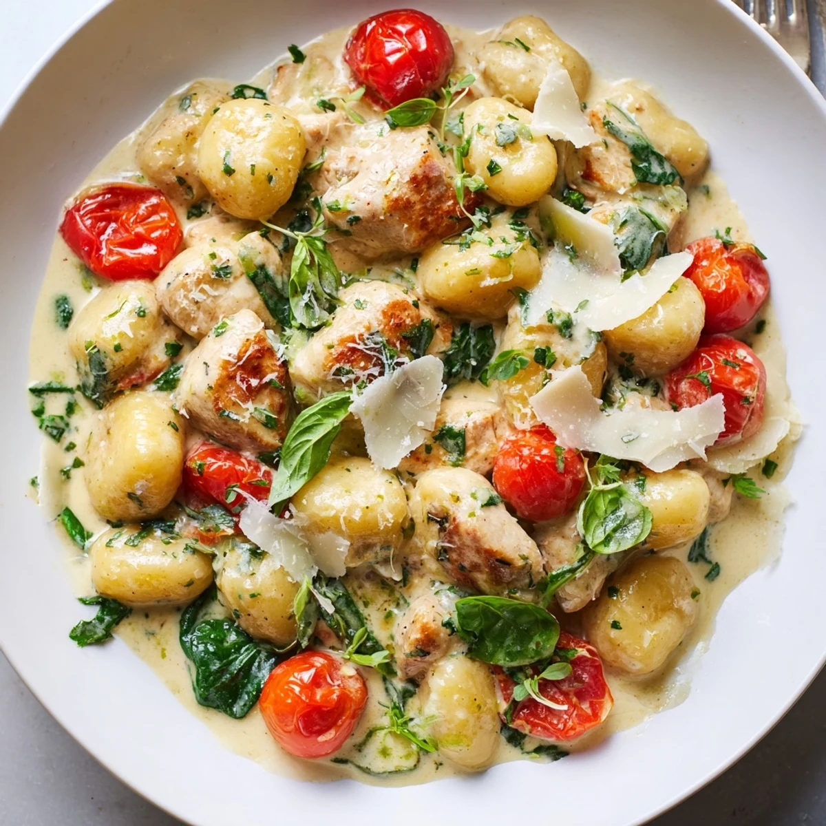 Warm creamy herb chicken gnocchi skillet topped with melted Parmesan and scattered fresh basil leaves