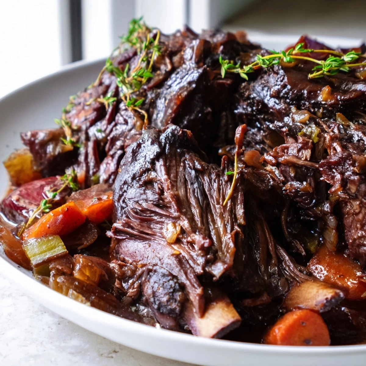 Tender oven braised beef short ribs falling off the bone in rich wine sauce