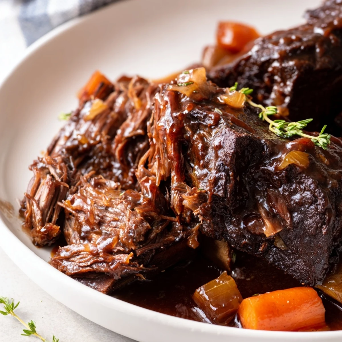 Savory oven braised beef short ribs nestled over creamy mashed potatoes with herbs