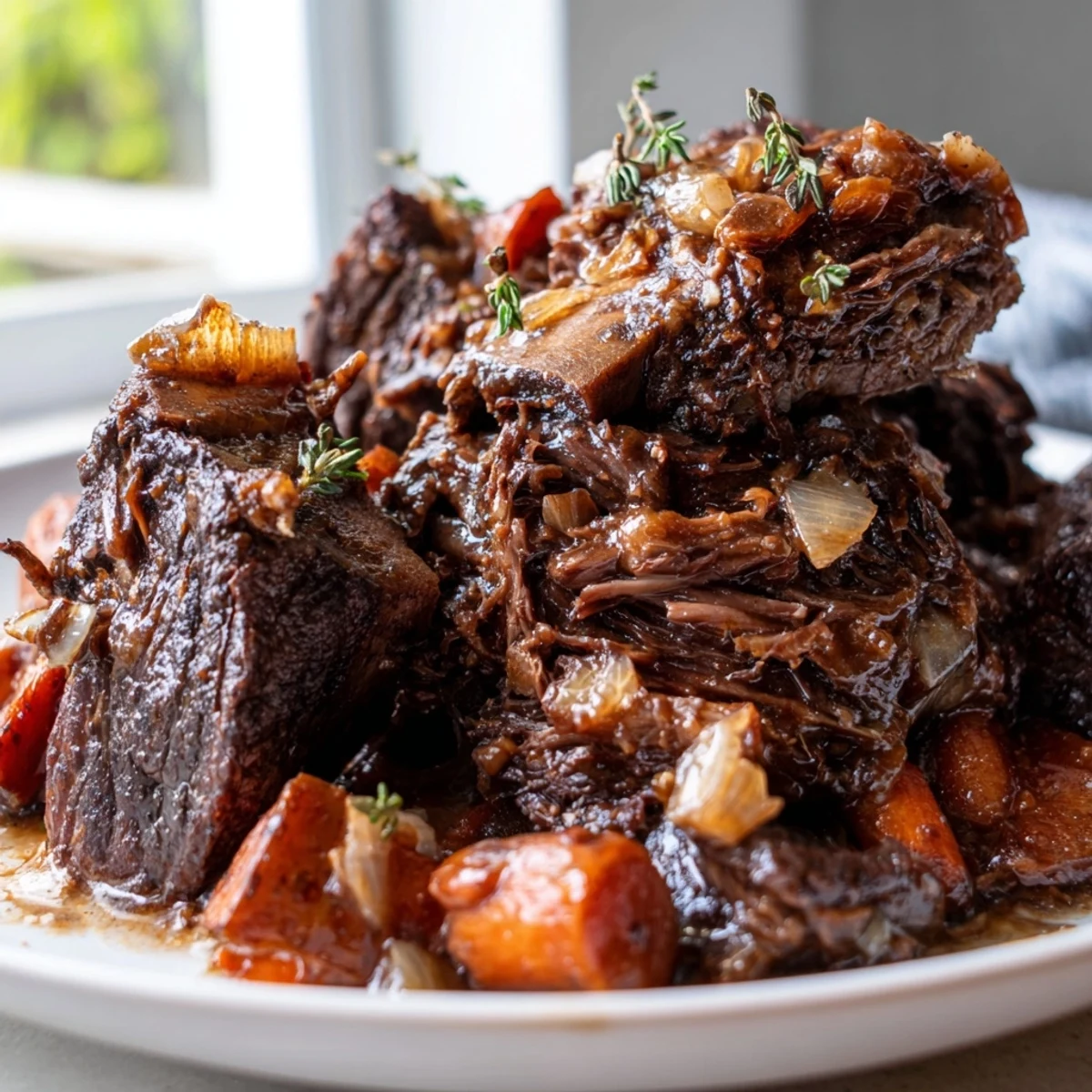 Juicy oven braised beef short ribs glistening with glossy red wine reduction and aromatic vegetables