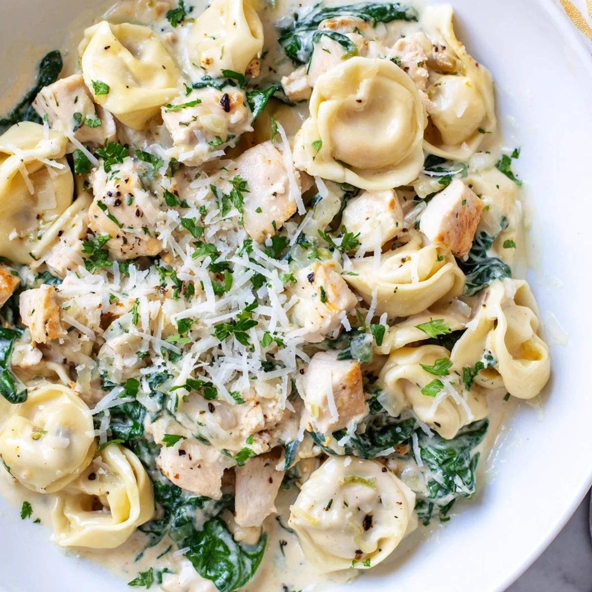 Cheesy tortellini tossed with tender chicken and vibrant wilted spinach leaves