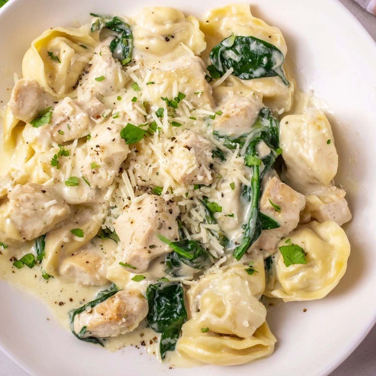 Creamy garlic chicken tortellini with spinach in a golden parmesan sauce