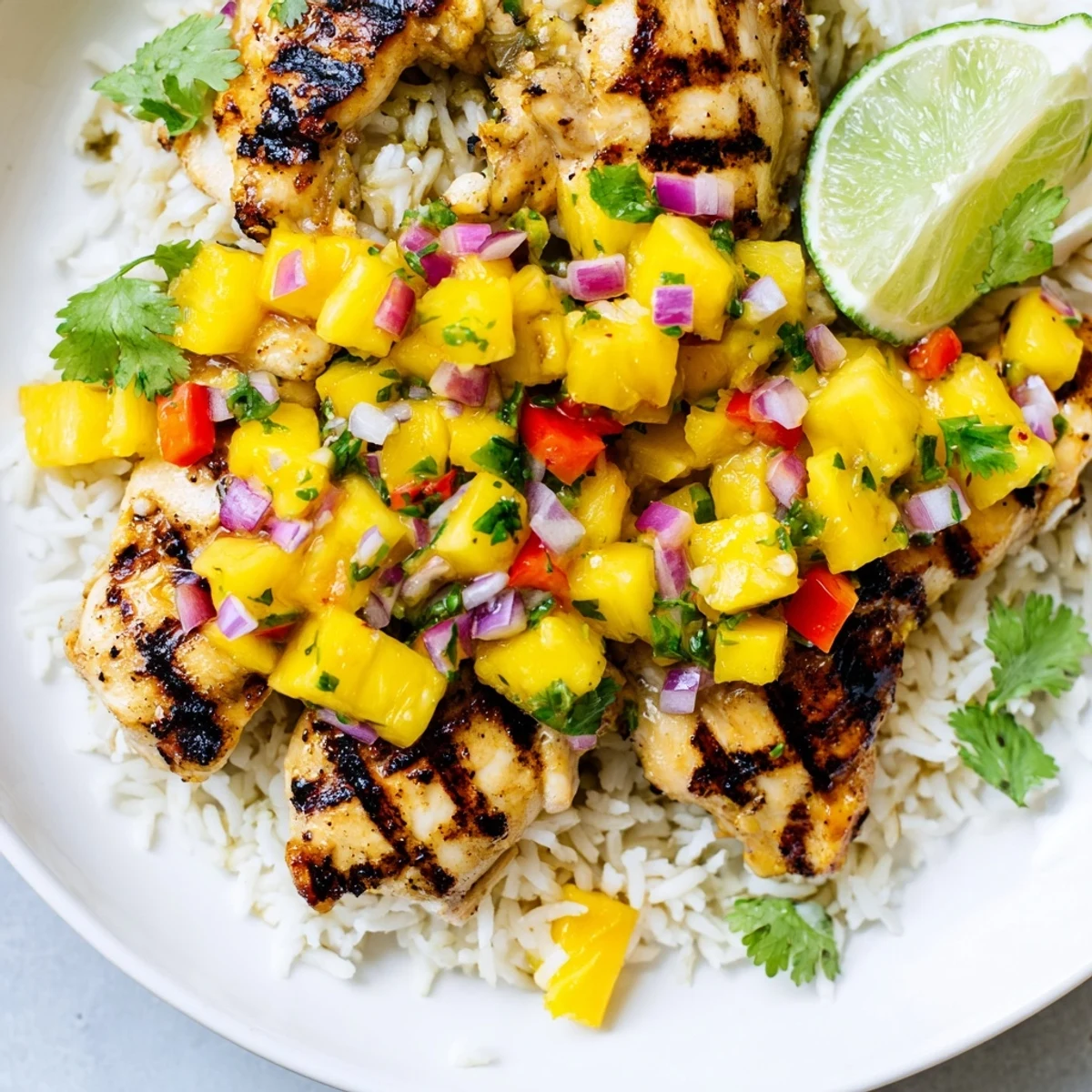 Juicy grilled chicken in Tropical Dinner Delight topped with vibrant pineapple mango salsa