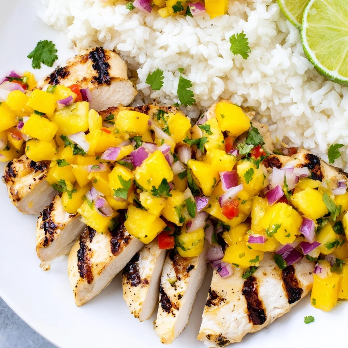 Tropical Dinner Delight plated over fluffy coconut rice with fresh lime wedges alongside